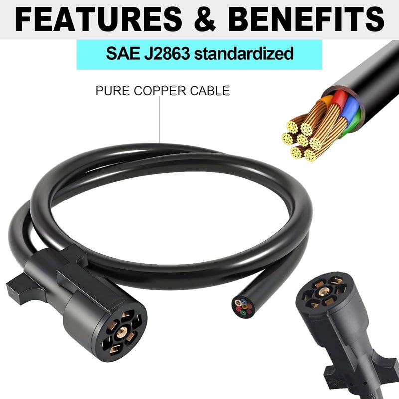 CXTM 7 Way Trailer Cord,4FT Heavy Duty 7 Way Trailer Plug Inline Cord Wire Harness Cable Double Prongs Connector 7 pin Trailer Wiring Harness 4 Feet for Camper Blade Molded RV Cable Wire(4ft) - Image 3